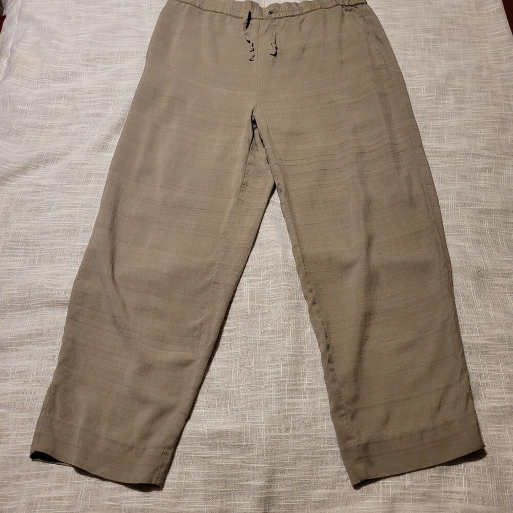 Womens Silk Pants Size Medium Green Waist Tie Casual Summer Pull On Pockets
